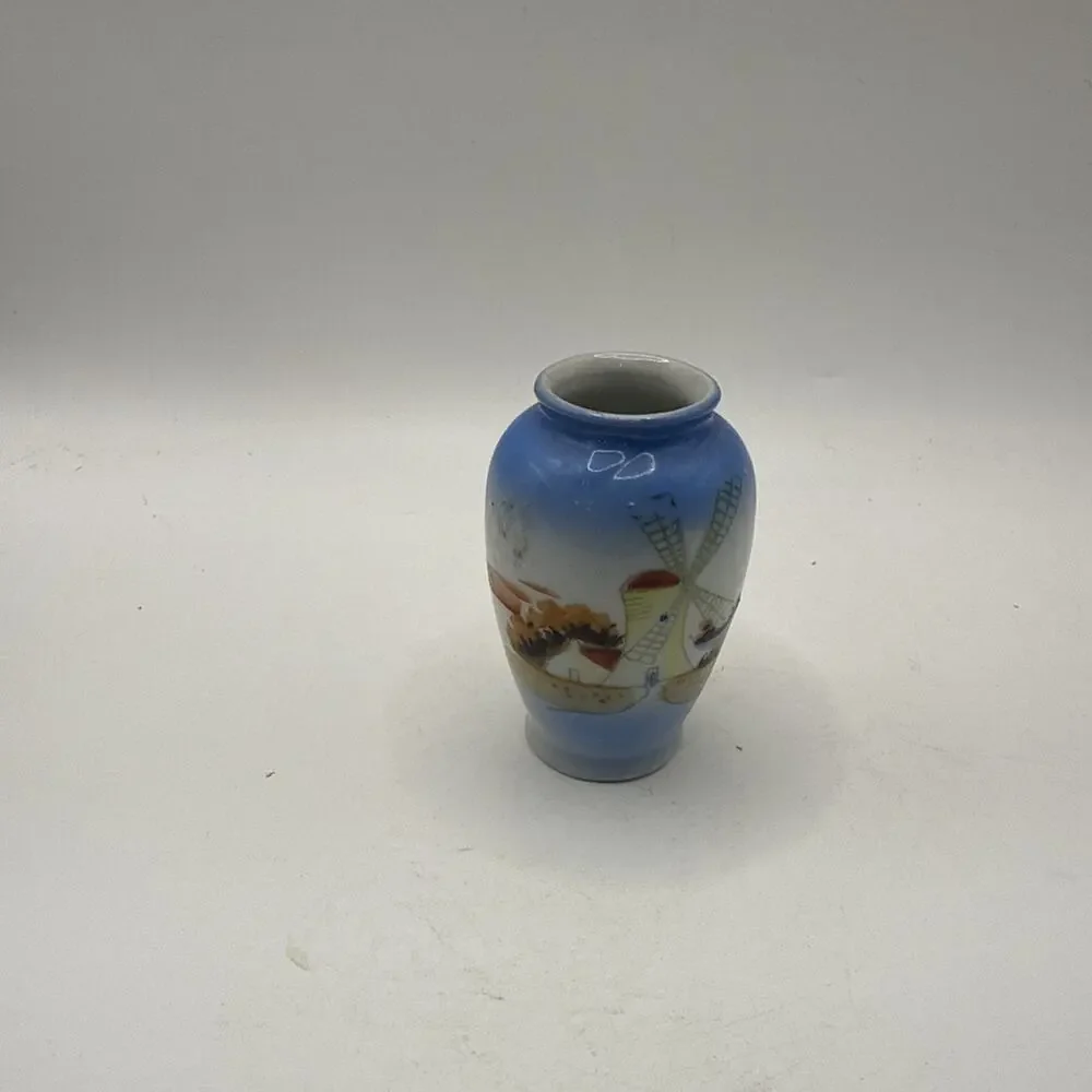 Vintage Miniature Porcelain Vase 2 3/4” Windmill Scene Blue Hand Painted Japan *